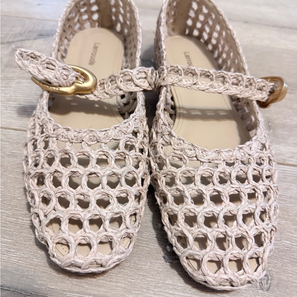 Larroude Raffia Cream Woven Flats with Gold Buckle